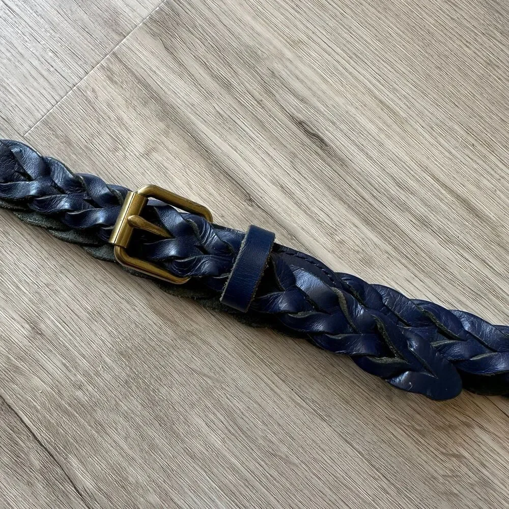 J. Crew Blue Genuine Leather Braided Plaited Belt Size S/M - Picture 3 of 7